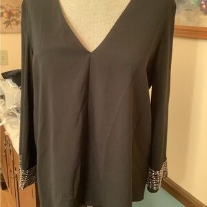 Alice & Olivia V Neck Silk Blouse with Beads and Rhinestones.